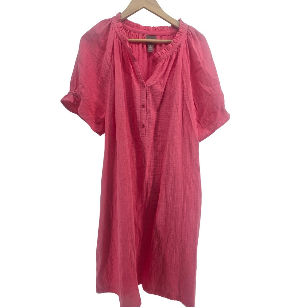 Chicos Dress Womens 3 Pink Cotton Gauze Ruffle Neck Short Puff Sleeve EUC